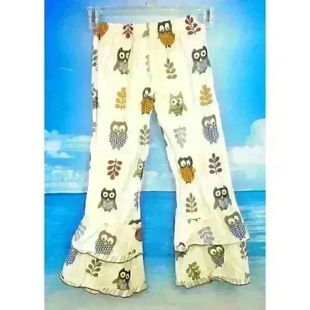 ANN LOREN Girls IVORY Ruffled PJ Pants OWL Print Lounge Pajama Bottoms size 9/10